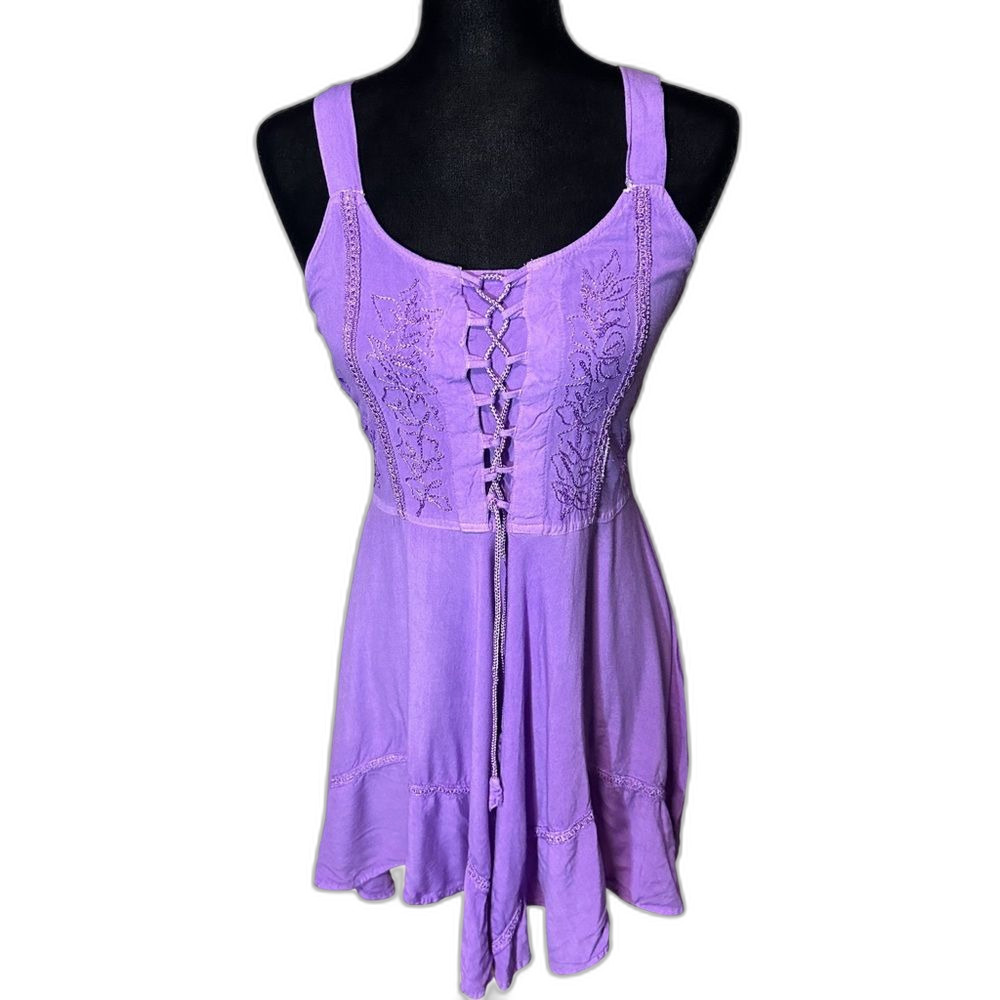 Lepogee Purple Boho Hippie Fairy Grunge Y2K Lace Up Embroidered Dress vintage